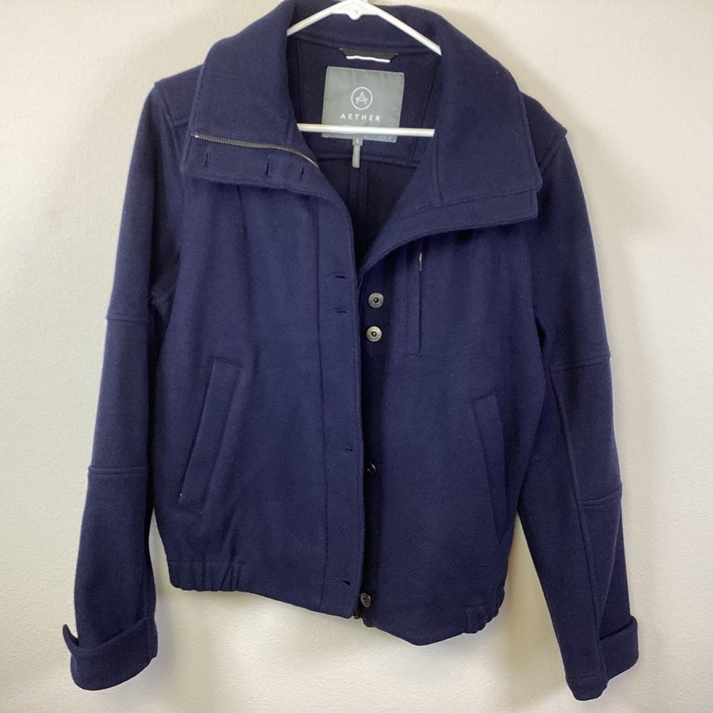 AETHER Mercer Jacket Navy Sz S Zipper Closure Under Snap Elastic Waist 80% Wool